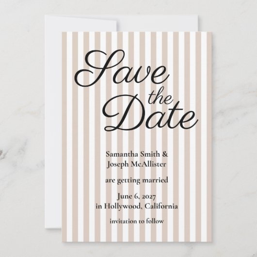 Beige en witte streep save the date (Voorkant)