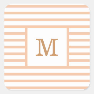 Beige en Witte Stripes Aangepast monogram Vierkante Sticker