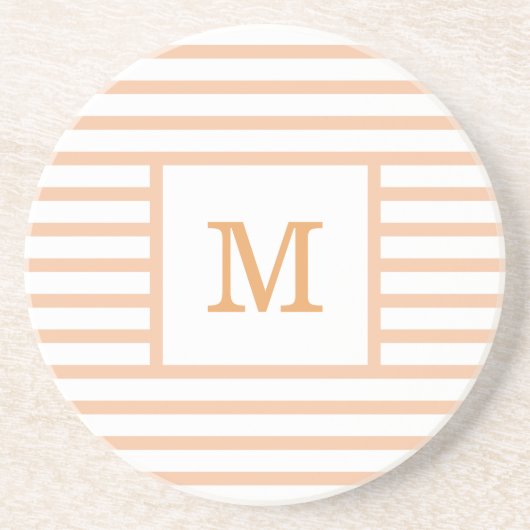 Beige en Witte Stripes Aangepaste monogram Sandsto Zandsteen Onderzetter (Voorkant)