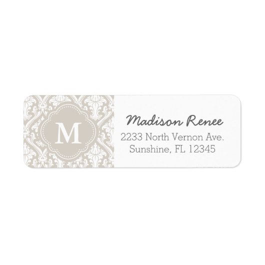Beige en witte trendy Damask Custom Monogram Etiket (Voorkant)