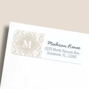 Beige en witte trendy Damask Custom Monogram Etiket