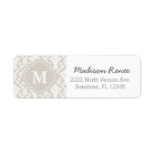 Beige en Witte Trendy Damast Aangepaste Monogram Etiket (Voorkant)