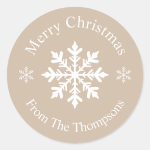 Beige En Witte Winter Sneeuwvlok Kerstmis Ronde Sticker
