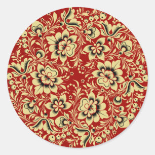 Beige en zwarte Hohloma op Rood Ronde Sticker