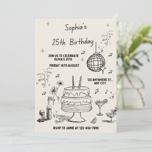 Beige en zwarte minimale verjaardagsuitnodiging kaart (Staand voorkant)