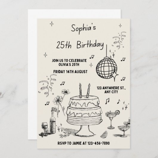 Beige en zwarte minimale verjaardagsuitnodiging kaart (Voorkant / Achterkant)