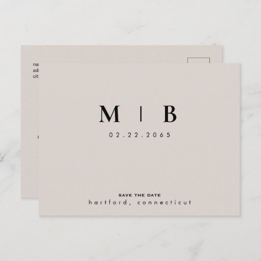 Beige en Zwarte Monogram sparen de Datum Weddensch Briefkaart (Voorkant / Achterkant)