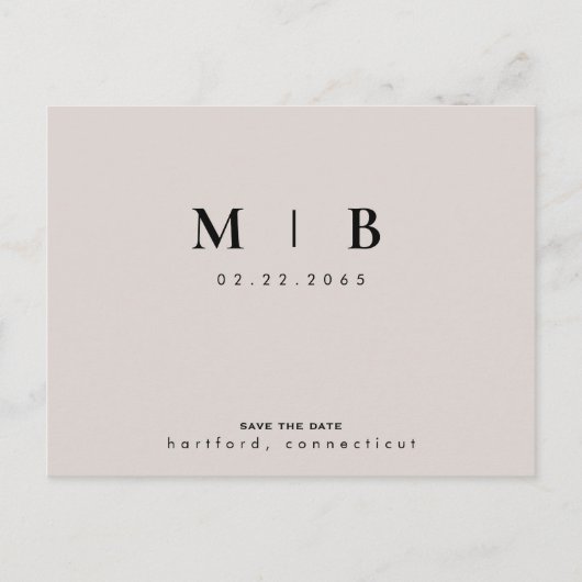 Beige en Zwarte Monogram sparen de Datum Weddensch Briefkaart (Voorkant)
