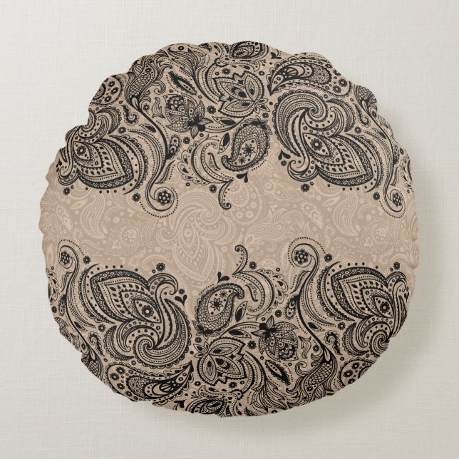 Beige en zwarte Paisley kant Rond Kussen (Voorkant)