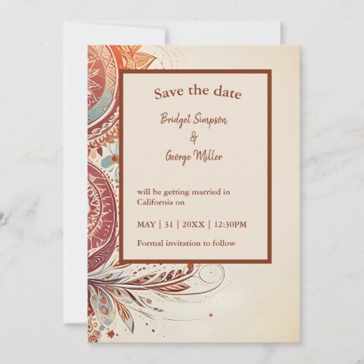 beige etnische bruiloft veilig de datum kaart (Voorkant)