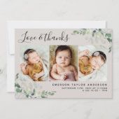 Beige Eucalyptus 3 Foto Baby geboorte Stat Bedankkaart (Voorkant)