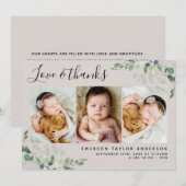 Beige Eucalyptus 3 Foto Baby geboorte Stat Bedankkaart (Voorkant / Achterkant)