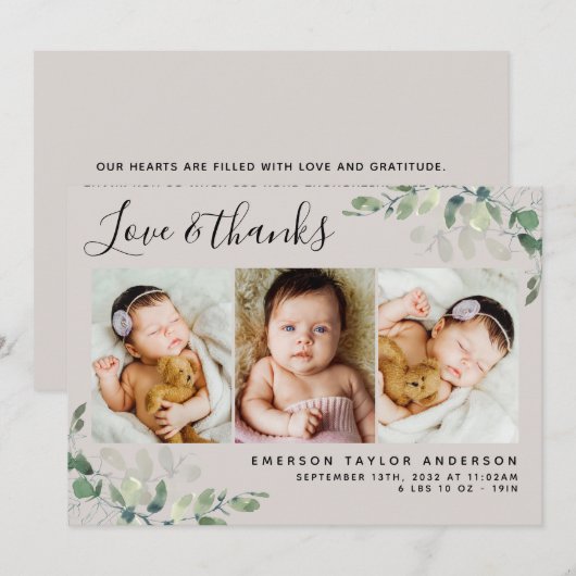 Beige Eucalyptus 3 Foto Baby geboorte Stat Bedankkaart (Voorkant / Achterkant)