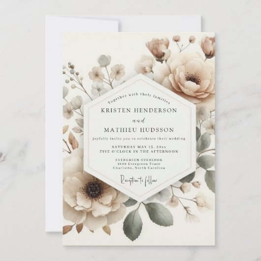 Beige Faded Bloom Wedding Kaart (Voorkant)