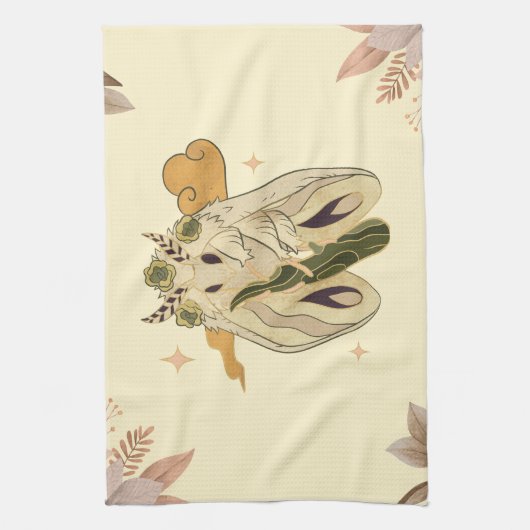 Beige Fae Moth, Mystiek Grafisch Kunstwerk Theedoek (Verticaal)