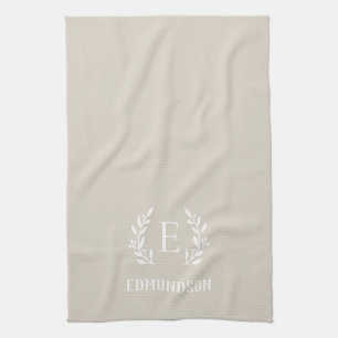 Beige Farmhouse Branch Monogram   Bewerkbare kleur Theedoek