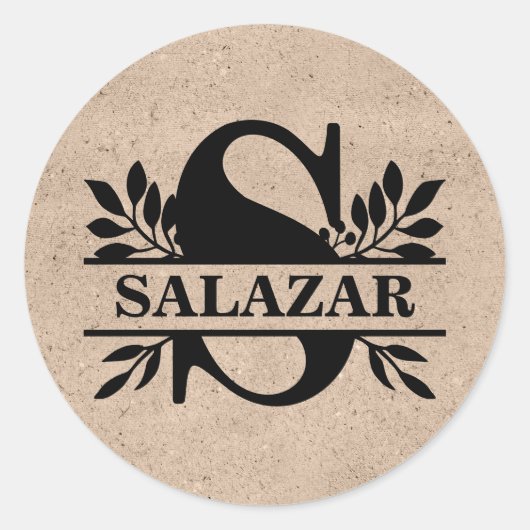Beige Faux Kraft Black Leaves Split Monogram S Ronde Sticker (Voorkant)