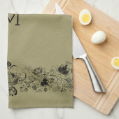 Beige Faux Linen Black Swirls Lace Theedoek (Quarter Fold)