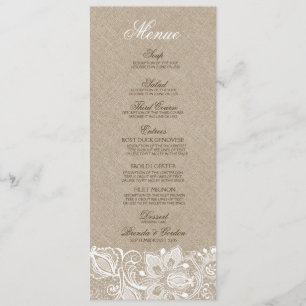 Beige Faux Linen Burlap & White Lace Wedding Menu