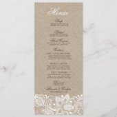 Beige Faux Linen Burlap & White Lace Wedding Menu (Voorkant)