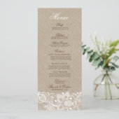 Beige Faux Linen Burlap & White Lace Wedding Menu (Staand voorkant)
