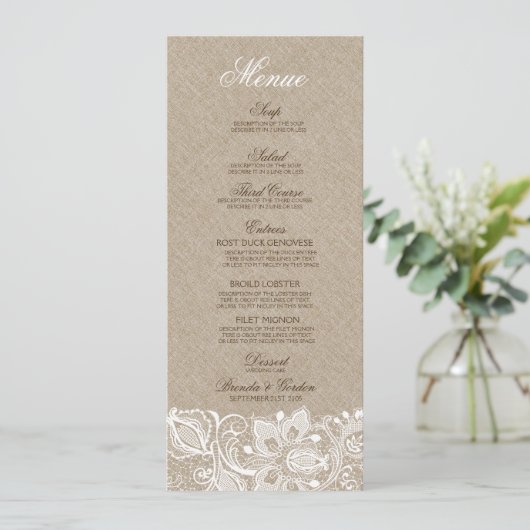 Beige Faux Linen Burlap & White Lace Wedding Menu (Staand voorkant)