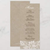 Beige Faux Linen Burlap & White Lace Wedding Menu (Voorkant / Achterkant)