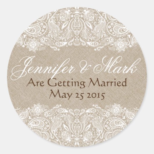 Beige Faux Linen Burlap & White Paisley Lace Ronde Sticker (Voorkant)