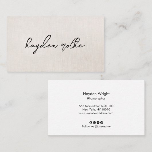 Beige Faux Linen Signature Script Visitekaartje (Voorkant / Achterkant)