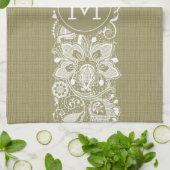 Beige Faux Linen White Floral Lace Theedoek (Gevouwen)