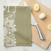 Beige Faux Linen White Floral Lace Theedoek (Quarter Fold)