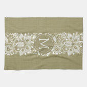 Beige Faux Linen White Floral Lace Theedoek (Horizontaal)