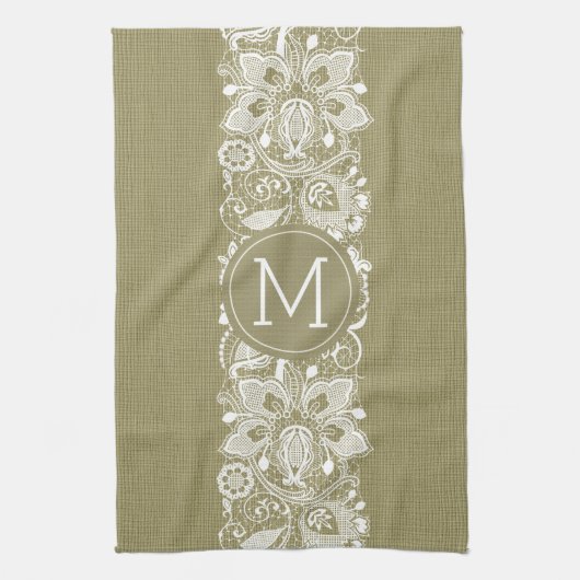 Beige Faux Linen White Floral Lace Theedoek (Verticaal)