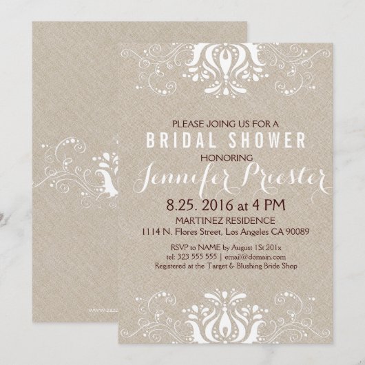 Beige Faux Linen White Lace Vrijgezellenfeest Invi Kaart (Voorkant / Achterkant)