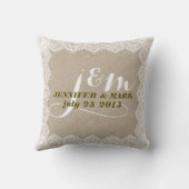 Beige Faux Linnen & Wit Kant Bruiloft Kussen (Achterkant)