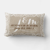 Beige Faux Linnen & Wit Kant Bruiloft Kussen 2 (Voorkant)