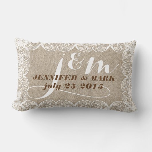 Beige Faux Linnen & Wit Kant Bruiloft Kussen 2 (Voorkant)