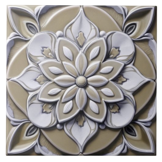 Beige Faux Relief Symmetrische Bloemen Tegeltje (Voorkant)