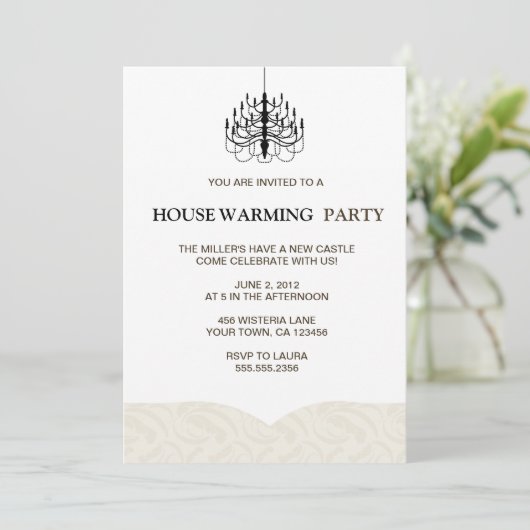 Beige Fern en Chandelier Housewarming Invitations Kaart (Staand voorkant)