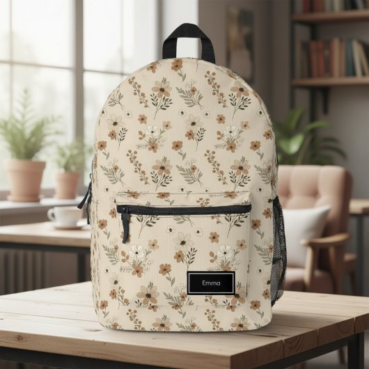 Beige Floral Backpack for Her, Customizable Bedrukte Rugzak
