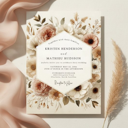 Beige Floral Bloom Wedding Kaart
