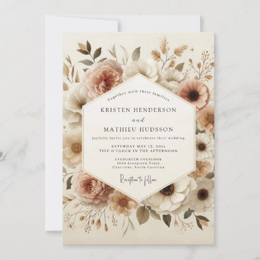 Beige Floral Bloom Wedding Kaart (Voorkant)