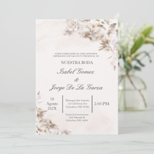 Beige Floral bruiloft uitnodiging in het Spaans (Staand voorkant)
