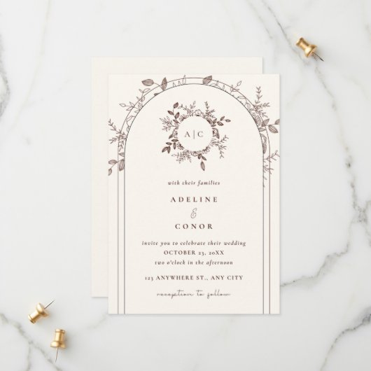 Beige Floral Elegant Kaart Save the Date Invitatio (Voorkant / Achterkant in situ)