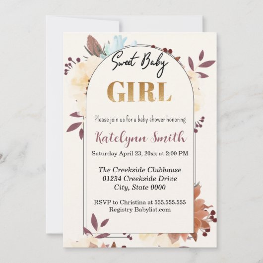 Beige Floral-elegant meisje baby shower Kaart (Voorkant)