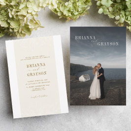 Beige Floral Elegant Minimalist Photo Back Wedding Kaart