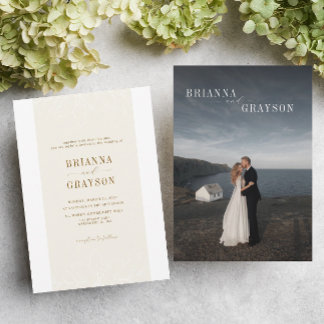 Beige Floral Elegant Minimalist Photo Back Wedding Kaart