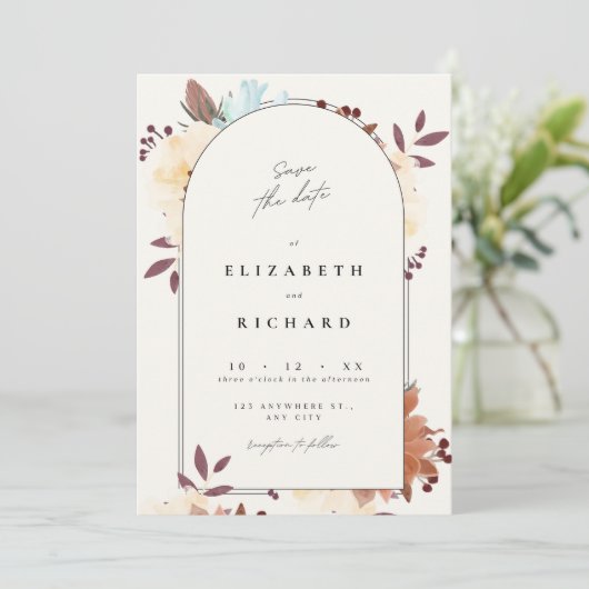 Beige Floral Elegant Save the Date Kaart Invitatio (Staand voorkant)