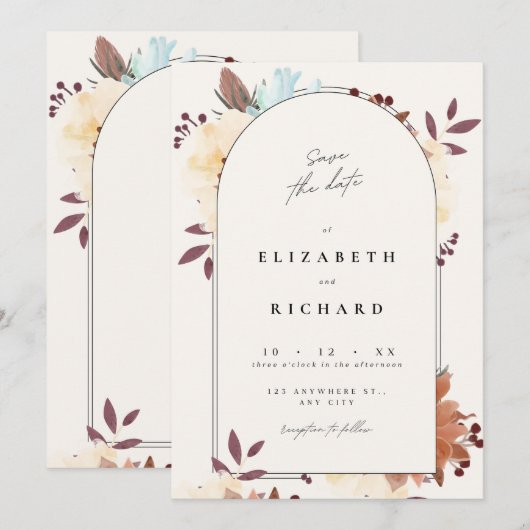 Beige Floral Elegant Save the Date Kaart Invitatio (Voorkant / Achterkant)