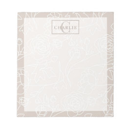 Beige Floral Line Art, Custom Monogram Dog Cat Pet Notitieblok